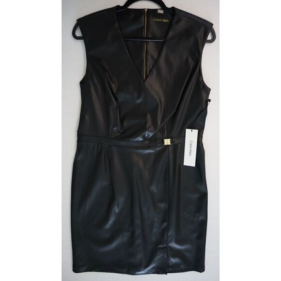 Calvin Klein Women Sz 10 Black PU Leather Sheath Dress w/Gold Waist Detail - Picture 1 of 13
